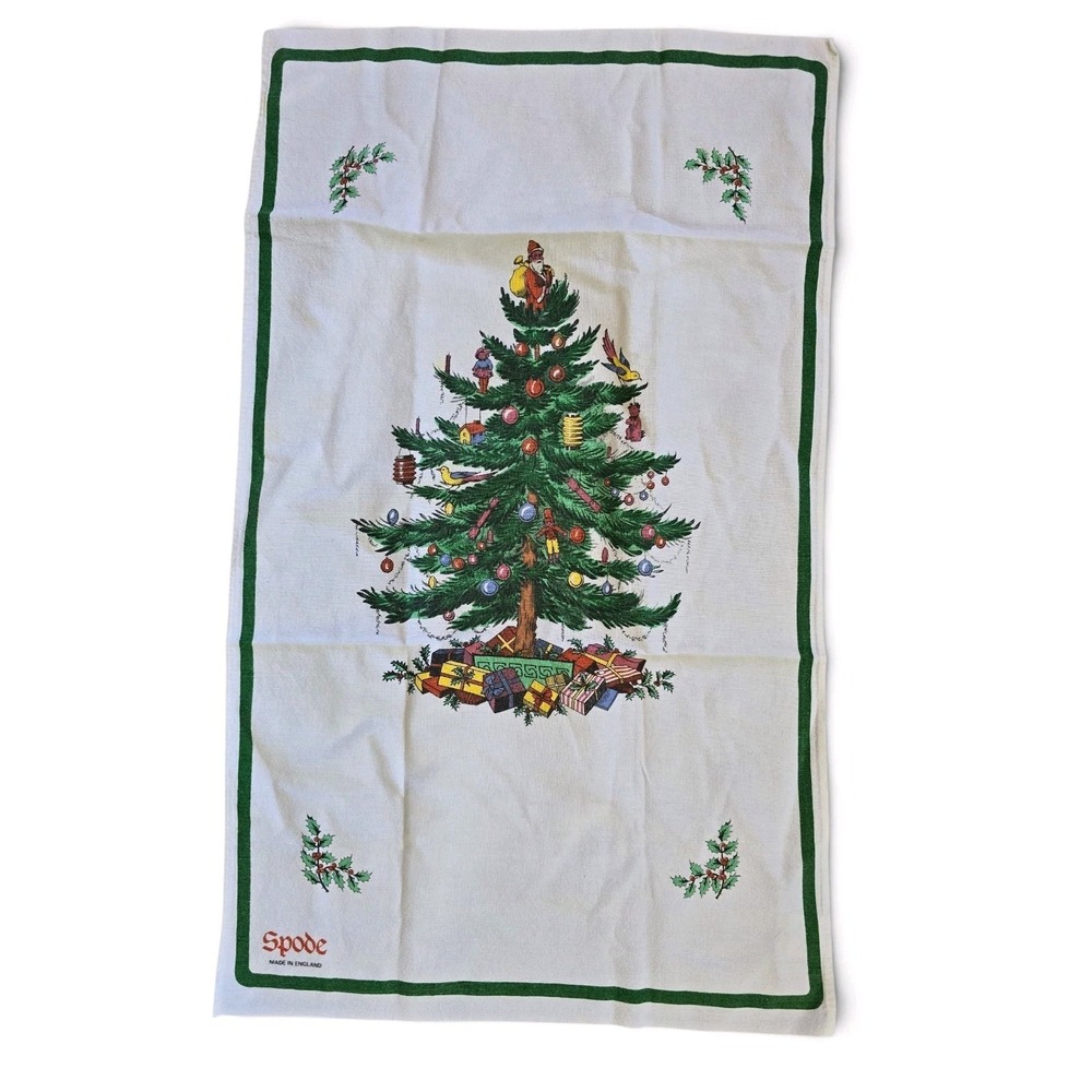 Spode Christmas Tree Kitchen Dish Dish Towel 100% Cotton Hanging loop Green Trim